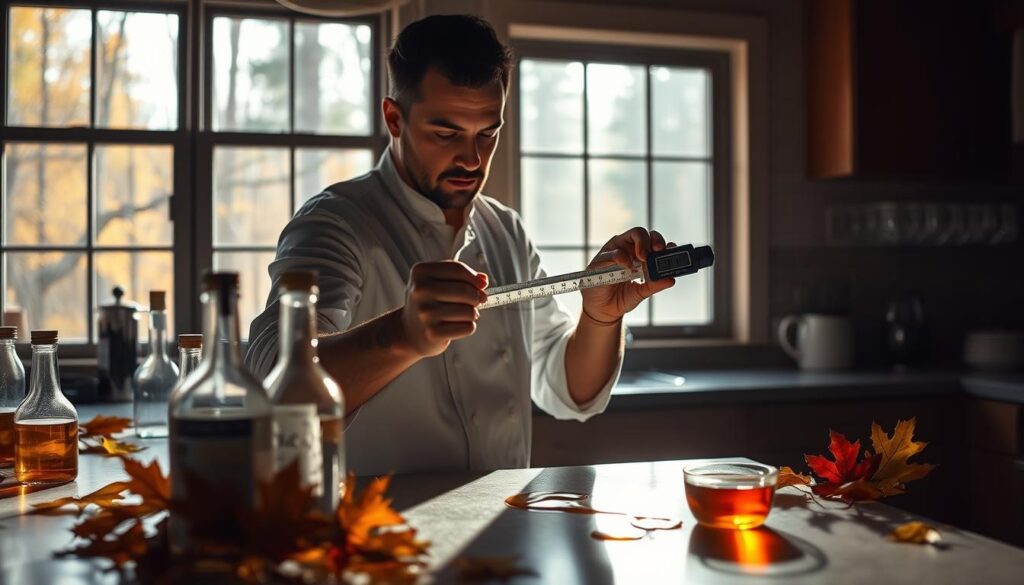 A professional chef standing at a kitchen counter, carefully measuring the brix level of maple syrup using a refractometer. The counter is cluttered with maple leaves, empty bottles, and a few spilled drops of golden syrup. Harsh overhead lighting casts dramatic shadows, emphasizing the serious, analytical expression on the chef's face. In the background, a window frames a forest landscape, hinting at the rural origins of the maple syrup. The scene conveys the delicate balance and potential pitfalls of precisely measuring the syrup's sugar content to achieve the perfect flavor profile.