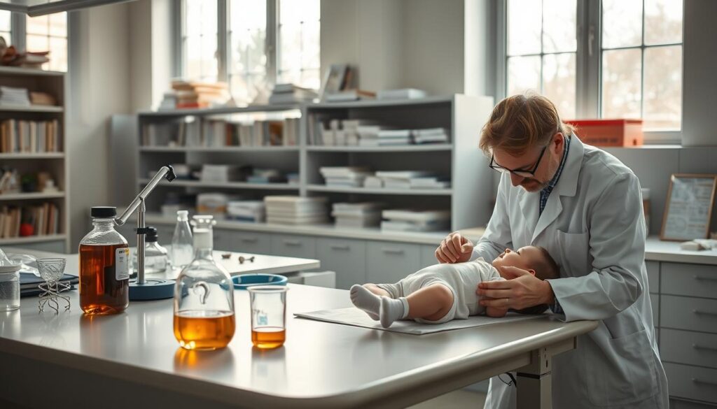 A research laboratory setting with a well-lit, airy atmosphere. In the foreground, a scientist in a white lab coat carefully examines an infant lying on an examination table, observing their response to a sample of maple syrup. On the counter beside them, scientific instruments and glassware suggest an ongoing study on the effects of maple syrup on infant nutrition. The background features shelves of reference books and charts detailing the nutritional properties of maple syrup. Soft, natural lighting from large windows casts a warm glow over the scene, conveying a sense of diligent, thoughtful inquiry.