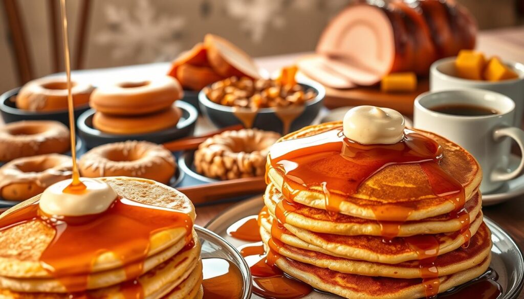 A richly detailed culinary scene showcasing the versatile uses of maple syrup. In the foreground, a stack of golden-brown pancakes drizzled with glistening amber syrup, complemented by a crisp waffle and a spoon of pure maple cream. The middle ground features a variety of maple-infused treats, such as maple-glazed donuts, maple-walnut cookies, and a maple-sweetened granola bowl. In the background, a rustic wooden table is set with a maple-cured ham, maple-roasted vegetables, and a steaming mug of maple-infused coffee, all bathed in warm, natural lighting that enhances the inviting, cozy atmosphere. The scene conveys the depth and complexity of maple syrup's culinary applications, from breakfast to dessert and beyond.