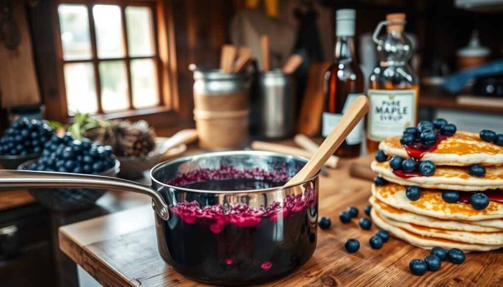 A rustic kitchen counter, illuminated by warm, natural light filtering through a nearby window. In the foreground, a large saucepan simmers with a rich, deep purple blueberry mixture, the scent of maple syrup wafting through the air. Nearby, a wooden spoon rests beside a stack of fluffy pancakes, ready to be drizzled with the homemade syrup. In the background, bunches of fresh blueberries and a bottle of pure maple syrup stand as the key ingredients for this enticing culinary creation. The overall scene exudes a cozy, homemade atmosphere, inviting the viewer to envision the perfect breakfast or brunch experience.