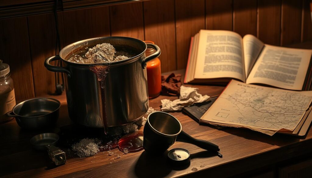 A rustic kitchen counter, scattered with the remnants of a failed maple syrup endeavor. Overboiled, crystallized sap, dripping from a battered metal pot. A misshapen funnel, a discarded hydrometer, and a crumpled map of the local sugar bush litter the scene. Dim, warm lighting casts long shadows, evoking a sense of disappointment and learning. In the background, a worn cookbook lies open, its pages curled, hinting at the hard-won lessons of maple syrup making. This image captures the common mistakes that can befall the novice sugarmaker, a cautionary tale of the challenges and triumphs of crafting homemade maple goodness. A rustic kitchen counter, scattered with the remnants of a failed maple syrup endeavor. Overboiled, crystallized sap, dripping from a battered metal pot. A misshapen funnel, a discarded hydrometer, and a crumpled map of the local sugar bush litter the scene. Dim, warm lighting casts long shadows, evoking a sense of disappointment and learning. In the background, a worn cookbook lies open, its pages curled, hinting at the hard-won lessons of maple syrup making. This image captures the common mistakes that can befall the novice sugarmaker, a cautionary tale of the challenges and triumphs of crafting homemade maple goodness.