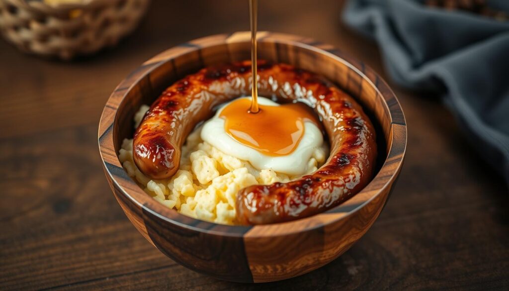 A rustic wooden bowl filled with a hearty breakfast of maple-glazed sausage, fluffy scrambled eggs, and a drizzle of rich maple syrup. The sausage sizzles with a caramelized crust, contrasting with the creamy eggs. Warm, earthy tones of the wood and muted natural lighting create a cozy, inviting atmosphere. The composition is balanced, with the bowl positioned slightly off-center, drawing the eye to the enticing contents. This image captures the essence of a delectable maple syrup sausage breakfast, perfect for illustrating a recipe section focused on this satisfying morning meal.