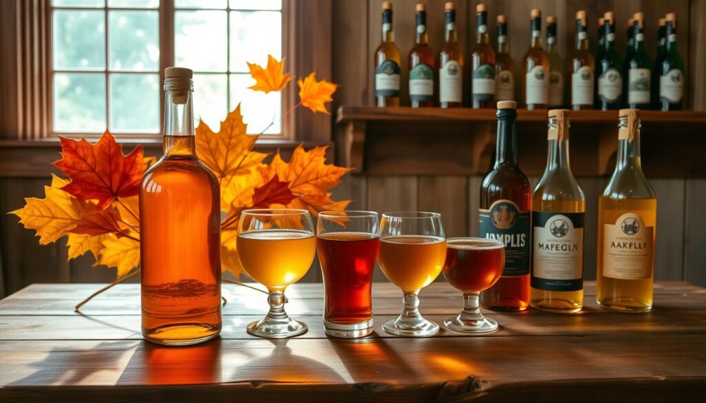 A rustic wooden table displays an assortment of Vermont-crafted acerglyn mead variations. In the foreground, amber-hued meads in handblown glass bottles with wax-sealed caps catch the warm, natural light filtering through a large window. Behind them, artfully arranged maple leaves and twigs evoke the lush, verdant landscapes of Vermont. The middle ground features a selection of distinctive mead glasses, each containing a different shade of the maple-infused elixir, showcasing the nuanced flavors and aromas. In the background, a wall-mounted wooden shelf displays additional bottles, their labels highlighting the unique ingredients and production methods used by local meaderies. An overall sense of craftsmanship, tradition, and a celebration of Vermont's maple heritage permeates the scene.