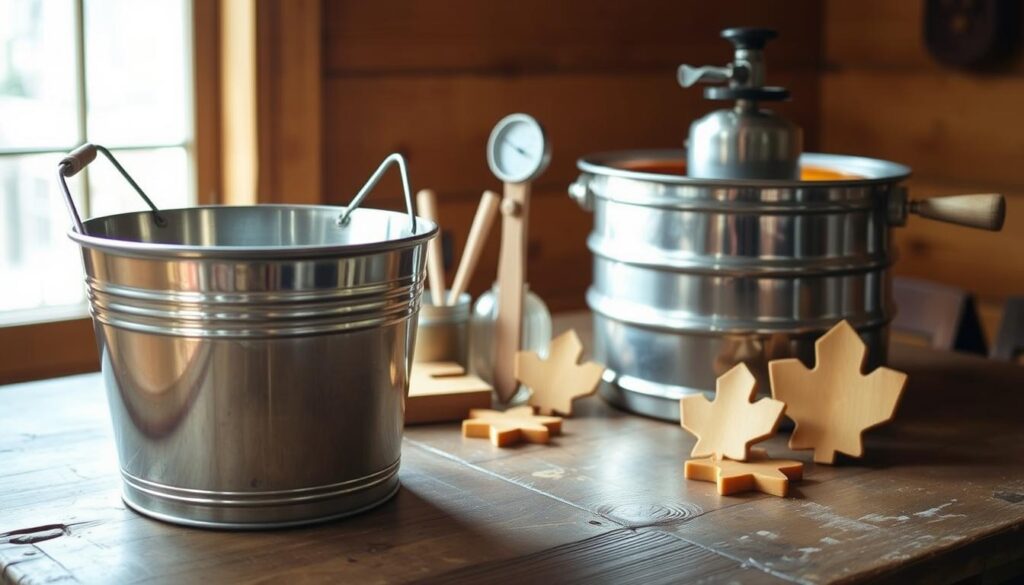 A rustic wooden table, its surface weathered by time, serves as the centerpiece for a small-scale maple syrup production starter kit. In the foreground, a gleaming metal sap bucket, its lustrous finish catching the soft, diffused light from a nearby window. Beside it, a traditional hand-cranked maple syrup evaporator, its copper-lined basin ready to transform fresh sap into the golden elixir. In the middle ground, an assortment of essential tools - a maple syrup hydrometer, a wooden stirring paddle, and a set of maple leaf-shaped wax molds. The background is a warm, earthy tone, suggesting the cozy ambiance of a quaint maple sugar shack, where the scent of caramelizing sap lingers in the air.