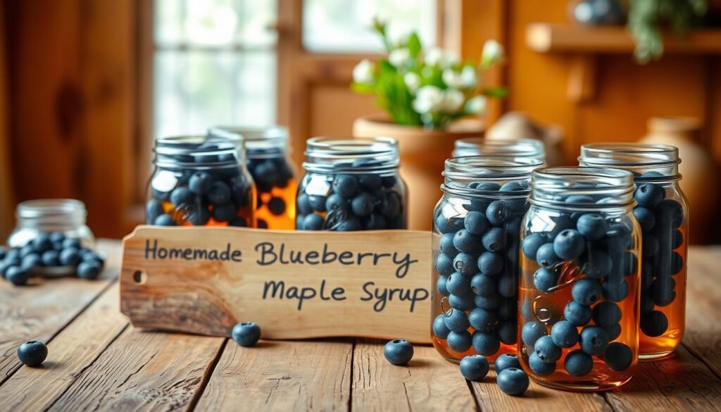 A rustic wooden table set against a warm, inviting backdrop. In the foreground, an array of mason jars filled with vibrant blueberries suspended in a rich, golden maple syrup. The jars are positioned neatly, their lids tightly sealed, conveying a sense of careful preservation. Soft, diffused lighting casts a gentle glow, highlighting the natural textures and colors of the scene. In the middle ground, a hand-written label on a wooden plaque provides instructions for the homemade blueberry maple syrup storage method. The background features a cozy, farmhouse-inspired setting, with natural wood accents and a hint of greenery, creating a calming, pastoral atmosphere.
