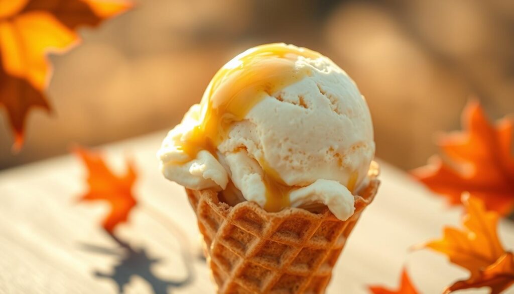 A scoop of homemade maple ice cream sits atop a crisp waffle cone, the golden syrup glistening in the warm afternoon light. The creamy texture is highlighted by the contrast of the crunchy cone, and a few stray maple leaves flutter in the breeze, completing the rustic, autumnal scene. Soft shadows caress the composition, evoking a sense of comfort and indulgence. The image is captured with a shallow depth of field, putting the ice cream in sharp focus while the background blurs into a warm, golden haze.
