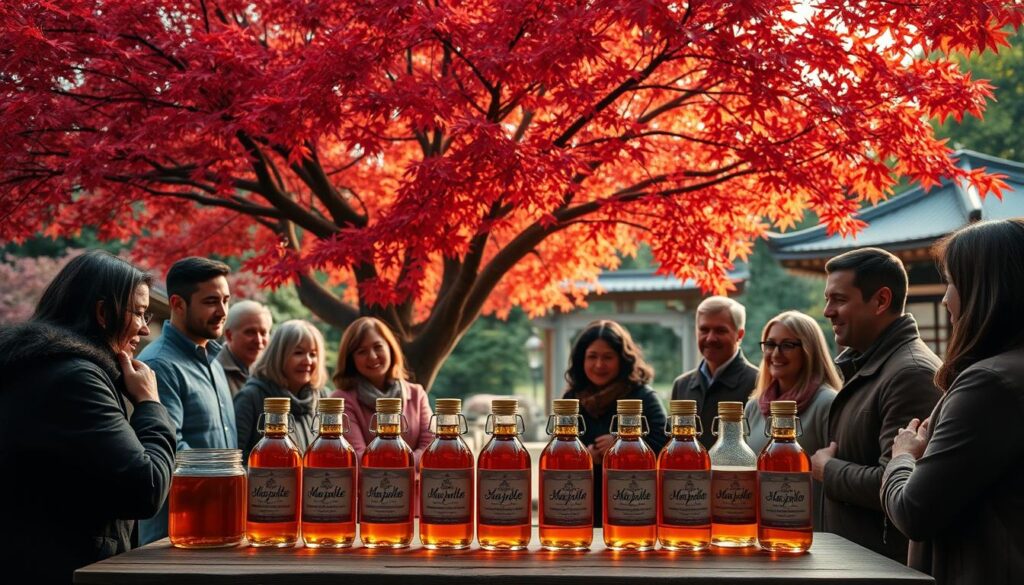 A serene Japanese garden setting, with a lush maple tree as the focal point. Its vibrant crimson leaves cast a warm glow across the scene. In the foreground, a wooden table displays an array of glass jars filled with golden maple syrup, their labels showcasing the brand's heritage. Around the table, various people - a mix of ages and ethnicities - are gathered, sharing their experiences and impressions of the syrup's distinctive flavor and aroma. Soft lighting illuminates their faces, highlighting their expressions of delight and satisfaction. The background features a traditional Japanese pavilion, its elegant architecture blending seamlessly with the natural landscape. An overall sense of tranquility and appreciation for the artisanal nature of this special syrup permeates the image.