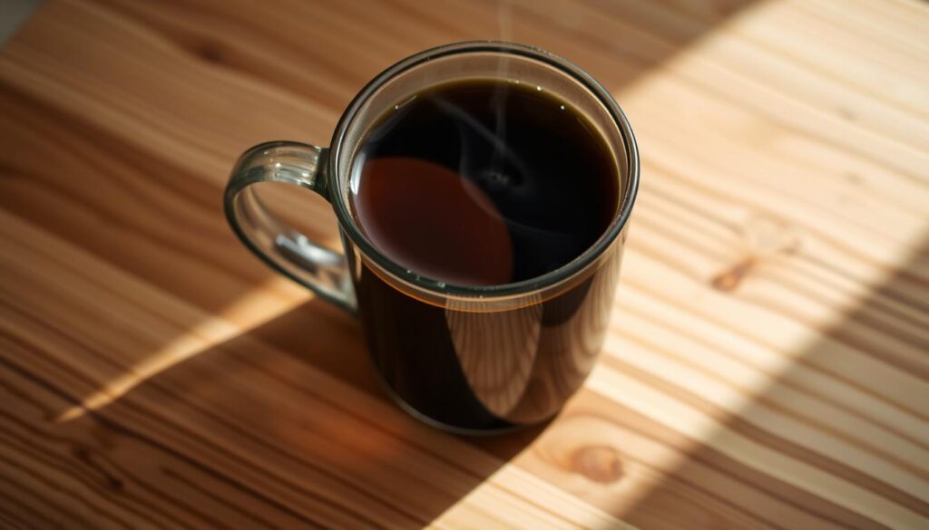 A steaming mug of rich, dark maple syrup coffee takes center stage, its fragrant aroma filling the cozy scene. The liquid glistens with a deep, amber hue, inviting a sip. Surrounding the mug, a wooden tabletop with a subtle grain texture provides a warm, natural backdrop. Gentle side lighting casts soft shadows, creating depth and highlighting the coffee's alluring color. The overall mood is one of comforting indulgence, perfectly capturing the essence of sweetening beverages with the robust flavor of dark maple syrup.