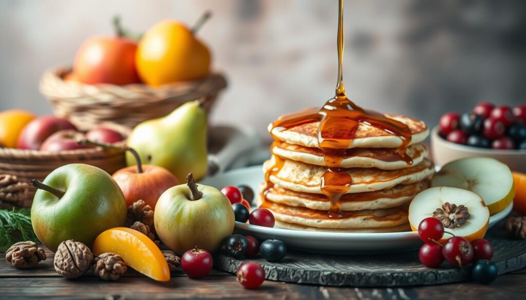 A still life composition showcasing an assortment of flavorful pairings with spicy maple syrup. In the foreground, a variety of fresh ingredients including crisp apples, juicy pears, crunchy walnuts, and glistening berries are artfully arranged on a rustic wooden table. In the middle ground, a decadent stack of fluffy pancakes drizzled with the rich, amber-hued maple syrup, creating an enticing contrast of sweet and spicy. The background features soft, diffused lighting, creating a warm, inviting atmosphere that enhances the vibrant colors and textures of the scene. The overall composition evokes a sense of culinary sophistication and the perfect balance of flavors.