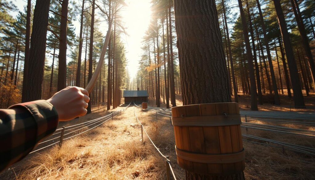 A sun-dappled Canadian forest, tall maple trees stretching skyward. In the foreground, a hardworking maple harvester tends to a traditional wooden sap collection bucket, their worn hands carefully tapping the tree's trunk. The middle ground reveals rows of metal sap collection lines snaking through the undergrowth, leading to a rustic log cabin in the distance. Warm, golden light filters through the canopy, casting a gentle glow over the scene. The atmosphere is one of quiet, organic productivity - a celebration of the maple syrup production tradition in its natural habitat.