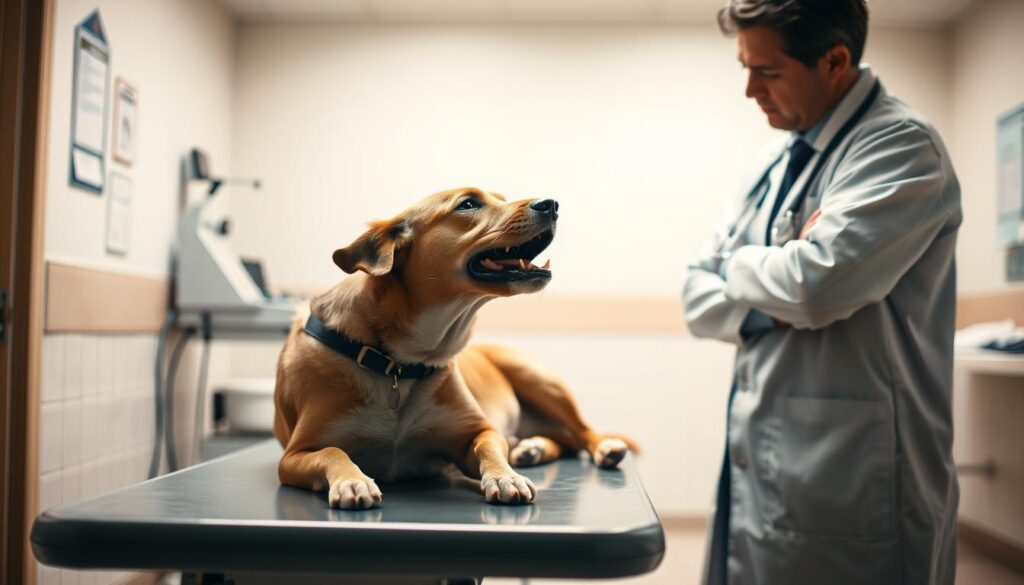 A veterinarian examines a distressed dog with symptoms of maple syrup toxicity, such as lethargy, vomiting, and disorientation. The foreground depicts the scene with realistic details - the doctor's concerned expression, the dog's pained posture, and the medical equipment on the examination table. The middle ground shows the clinic's tiled floor and clean, sterile environment. The background is softly blurred, conveying a sense of urgency and a need for prompt action. The lighting is warm and focused, highlighting the drama of the situation. The overall mood is one of medical emergency, but also of care and concern for the canine patient.