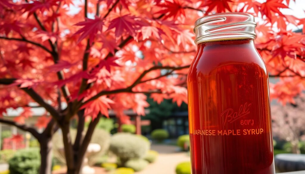 A vibrant Japanese maple tree, its branches heavy with lush red leaves, stands majestically against a backdrop of a serene Japanese garden. In the foreground, a glass jar filled with the rich, amber-colored Japanese maple syrup, its surface glistening under warm, natural lighting. The syrup's viscous texture and deep, complex flavor are accentuated, inviting the viewer to explore its potential health benefits. The overall scene conveys a sense of tranquility, balance, and the harmonious relationship between nature and the culinary delights it provides.