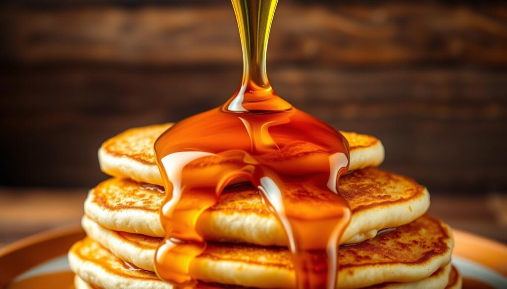 A vibrant, close-up photograph of freshly poured organic maple syrup flowing gracefully over a stack of fluffy pancakes, set against a rustic wooden background. The golden liquid glistens with natural sweetness, its deep amber hues complemented by the warm, earthy tones of the wood. Soft, natural lighting illuminates the scene, casting gentle shadows and highlighting the syrup's rich, velvety texture. The overall composition evokes a sense of comfort, quality, and the wholesome goodness of a homemade breakfast. The focus is on the syrup, emphasizing its purity and the benefits it offers as a natural, unprocessed sweetener.