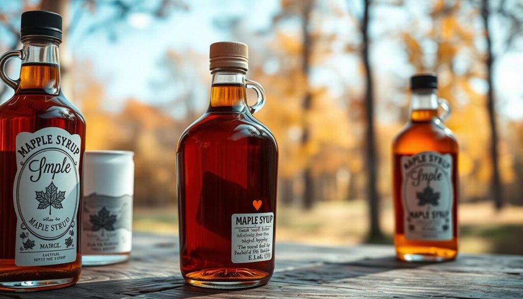 A vibrant close-up shot of beautifully designed custom maple syrup labels, each featuring a unique, hand-drawn illustration or pattern. The labels are artfully arranged on a rustic wooden surface, with a few glass bottles of maple syrup in the foreground, their amber liquid glistening under warm, natural lighting. In the background, a blurred, idyllic maple forest provides a serene, pastoral backdrop, hinting at the syrup's origin. The overall composition conveys a sense of craftsmanship, authenticity, and the sweet, earthy essence of maple syrup.