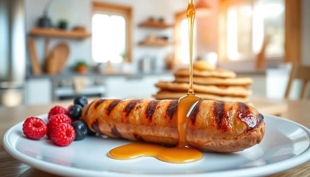 A vibrant, high-resolution image showcasing the health benefits of maple syrup sausage. In the foreground, a plate displays a perfectly grilled sausage link, its golden-brown exterior glistening with a maple glaze. Surrounding the sausage, fresh berries and a drizzle of pure maple syrup add pops of color and natural sweetness. In the middle ground, a stack of whole-grain pancakes or waffles provide a hearty base, while in the background, a light-filled kitchen with wooden accents and natural light creates a warm, inviting atmosphere. The image conveys the perfect balance of savory and sweet, with the maple syrup sausage as the star, highlighting its potential health benefits as a nutritious and delicious morning meal.