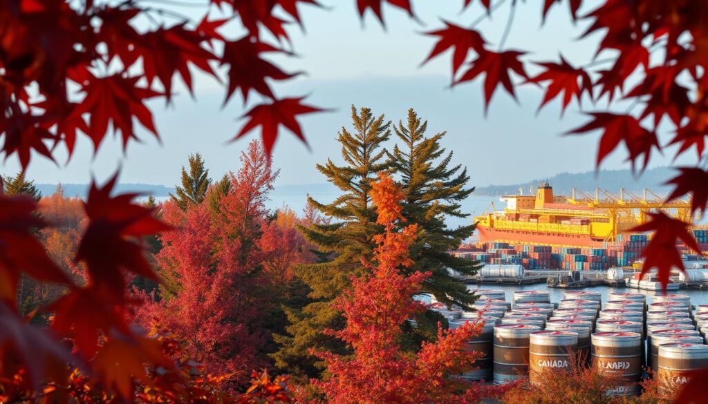 A vibrant scene of a Canadian maple syrup production and global export. In the foreground, maple leaves swirl gracefully, their deep crimson hues casting a warm glow. Towering maple trees dot the middle ground, their branches heavy with sap-filled buckets. In the distance, a bustling harbor bustles with activity as barrels of golden maple syrup are loaded onto cargo ships, destined for worldwide distribution. Soft, diffused lighting illuminates the entire tableau, creating a sense of tranquility and abundance. The composition emphasizes the scale and importance of Canada's maple syrup industry, its impact reverberating across international markets.