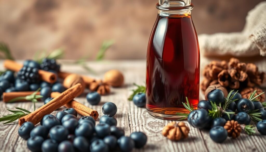 A vibrant still life showcasing the health benefits of dark maple syrup. In the foreground, a glass bottle filled with rich, amber-colored syrup takes center stage, catching the warm light from a soft, diffused source. Surrounding it, a carefully curated arrangement of natural elements: clusters of fresh blueberries, cinnamon sticks, walnuts, and a few sprigs of rosemary. The middle ground features a wooden surface, its grain and texture adding depth and authenticity to the scene. In the background, a muted, earthy backdrop subtly complements the organic tones and enhances the overall sense of wellness and nourishment. Captured with a shallow depth of field, the image emphasizes the syrup's alluring viscosity and the interplay of textures, inviting the viewer to explore the health-promoting properties of this artisanal maple delicacy.
