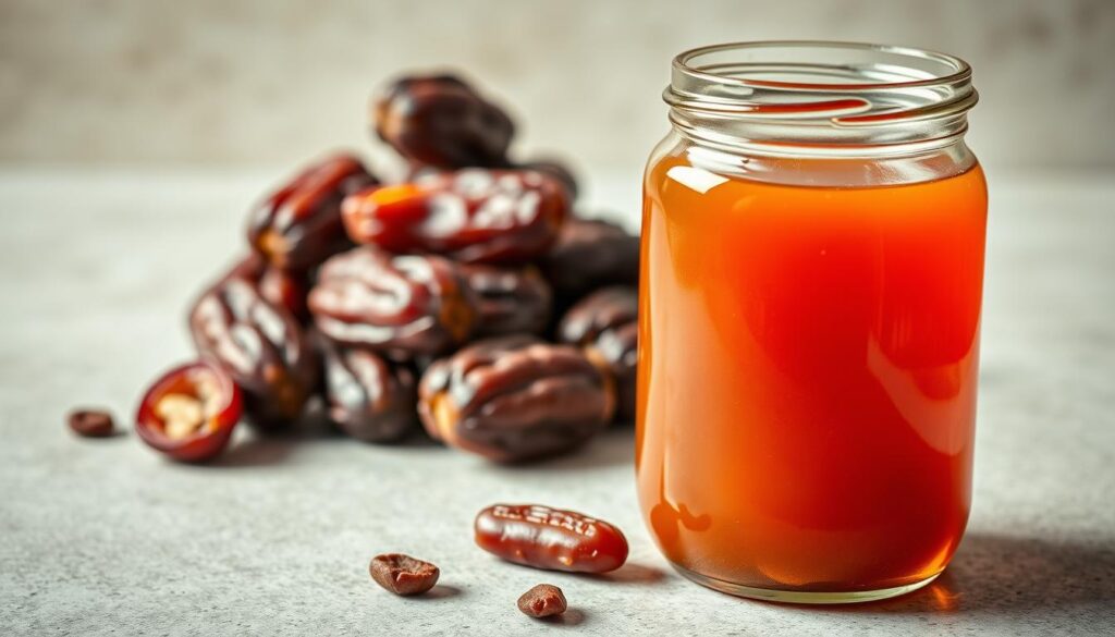 A vibrant still life showcasing the health benefits of date syrup. In the foreground, a glass jar filled with the rich, amber liquid, glistening under warm, natural lighting. In the middle ground, an assortment of dates, their wrinkled skins contrasting with the smooth, viscous syrup. The background features a neutral, textured surface, allowing the central elements to take center stage. The composition is balanced, with a subtle play of shadows and highlights, creating a sense of depth and dimension. The overall mood is one of earthy, rustic elegance, emphasizing the natural goodness of this alternative sweetener.