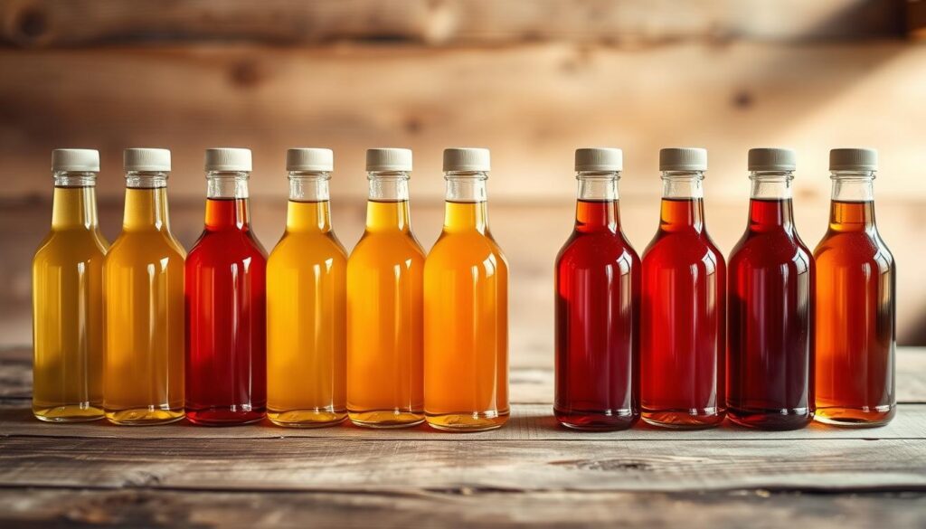 A visually striking image depicting the color classification system for maple syrup. In the foreground, an array of glass bottles filled with maple syrup, each showcasing a distinct shade from pale golden to deep amber. The bottles are arranged in a deliberate gradient, highlighting the subtle nuances between each color. The middle ground features a wooden table or surface, its rustic textures complementing the natural tones of the syrups. In the background, a soft, diffused lighting creates a warm, inviting atmosphere, emphasizing the rich, organic quality of the maple syrup. The overall composition conveys a sense of artisanal craftsmanship and the visual spectrum of this beloved culinary delight.