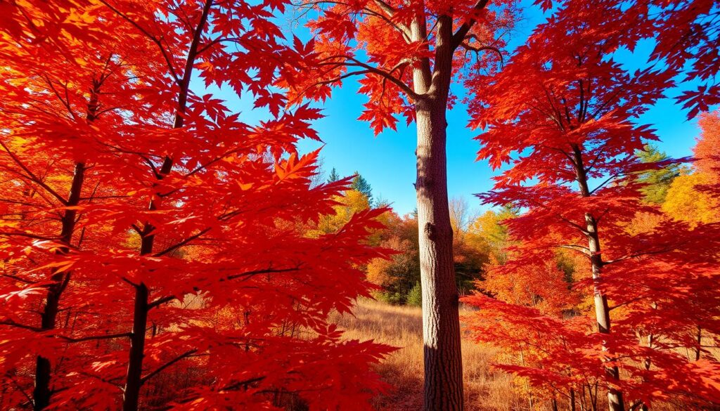 A vivid landscape of vibrant red maple trees, their leaves ablaze with autumn's fiery hues. The foreground showcases the intricate patterns and shapes of the maple leaves, their crimson tones illuminated by warm, golden sunlight filtering through the canopy. In the middle ground, the trunks of the mature maple trees stand tall, their bark textured and gnarled. The background reveals a picturesque forest setting, with other trees in complementary autumnal shades creating a harmonious and serene atmosphere. The scene is captured through a wide-angle lens, allowing the viewer to fully immerse in the splendor of the red maple forest. This image perfectly encapsulates the role of the red maple tree in the production of the delightful maple syrup.