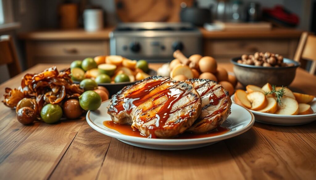A warm, cozy kitchen setting with a wooden table in the foreground, adorned with an assortment of flavorful food pairings for juicy maple syrup pork chops. In the center, a plate showcases the star of the dish - perfectly seared pork chops drizzled with a glistening maple glaze. Surrounding the chops, an array of complementary elements: roasted Brussels sprouts, caramelized onions, sautéed apples, and a sprinkle of fresh thyme. The lighting is soft and diffused, creating a inviting atmosphere. In the background, a glimpse of a rustic farmhouse-style kitchen, hinting at the homemade, comforting nature of this delectable pairing.