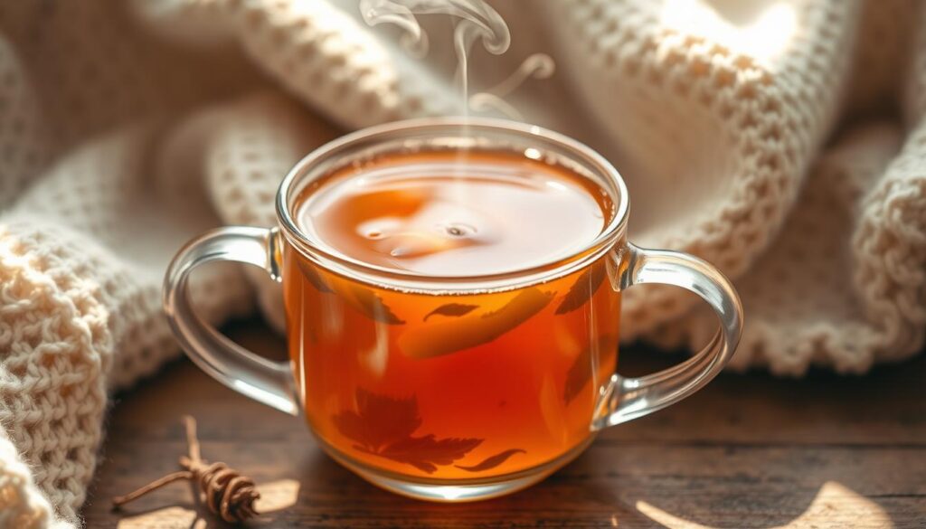 A warm, inviting close-up of a steaming mug filled with amber-colored maple syrup tea, set against a soft, cozy background. The tea leaves and maple syrup swirl together, creating a visually appealing and enticing composition. The lighting is gentle, casting a golden glow on the beverage, highlighting its rich, soothing tones. The mug is placed on a wooden surface, adding a natural, rustic element to the scene. The overall atmosphere conveys the health benefits and comforting qualities of this maple syrup-infused tea.