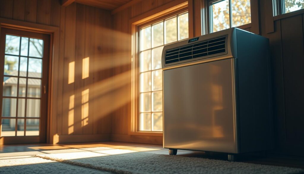 A well-lit HVAC unit, its sleek exterior panels gleaming, emitting a warm, maple-infused aroma. The air vents gently circulate the scent, filling the cozy, softly-lit room. Sunlight streams through large windows, casting a golden glow and creating a sense of comfort and home. The HVAC unit stands as the focal point, its efficient design and subtle maple notes blending seamlessly with the overall ambiance. Subtle details, such as the wood-paneled walls and plush area rug, further enhance the natural, homely feel of the space.