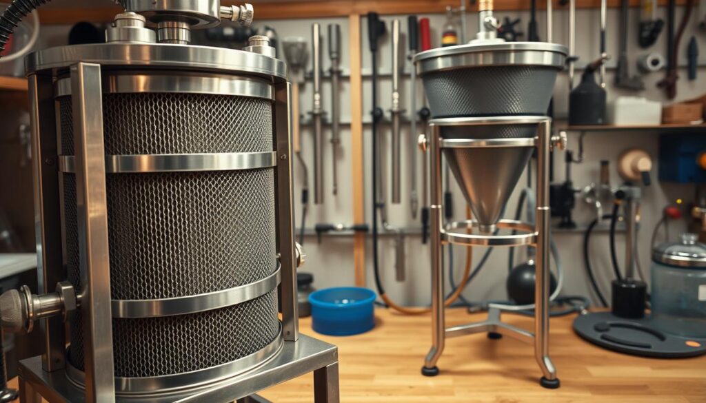 A well-lit, high-quality close-up shot of a collection of professional maple syrup filtering equipment. In the foreground, a stainless steel filter press with intricate mesh plates and a heavy-duty frame. Behind it, a large conical filter funnel with a fine-mesh strainer, positioned on a sturdy metal stand. In the background, an assortment of other tools and accessories, such as siphons, tubing, and measurement devices, all arranged neatly on a clean, organized workbench. The lighting is warm and evenly distributed, casting subtle shadows that highlight the textures and details of the equipment. The overall mood is one of precision, efficiency, and the pride of a well-equipped maple syrup production facility.