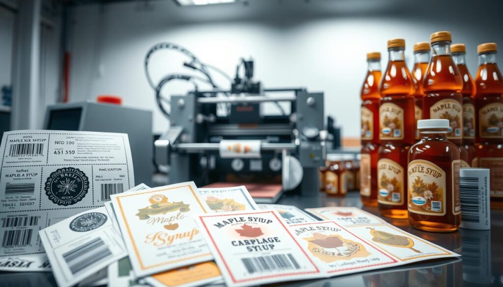 A well-lit, high-quality studio shot showcasing various printing options for maple syrup labels. In the foreground, a selection of label samples with diverse designs, textures, and finishes, including matte, glossy, and metallic effects. In the middle ground, a label printing machine operating, with intricate label application and cutting processes visible. The background features neatly stacked maple syrup bottles, evoking the final product and providing a cohesive maple-themed ambiance. The overall mood is professional, informative, and visually appealing, capturing the essence of custom maple syrup label printing.