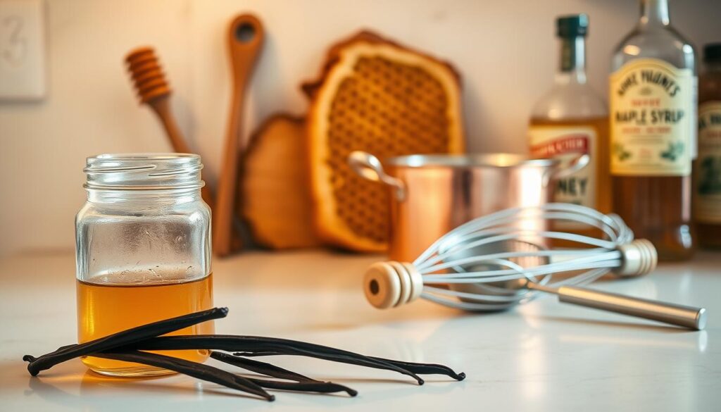 A well-lit kitchen counter with a variety of maple syrup-making ingredients neatly arranged. In the foreground, a glass jar filled with pure maple syrup, a wooden spoon, and a bundle of fragrant vanilla beans. In the middle ground, a small copper pot, a strainer, and a whisk, ready for the mead-making process. In the background, a slab of honeycomb, a jar of local honey, and a vintage bottle of apple cider vinegar, hinting at the complex flavors to come. Warm, golden lighting casts a cozy glow over the scene, evoking the inviting atmosphere of a homemade mead-making session.