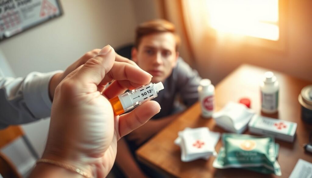 A well-lit scene of a person administering first aid for an allergic reaction. In the foreground, a hand holds an epinephrine auto-injector, ready to deliver a lifesaving dose. The middle ground shows the recipient, their face flushed and eyes swollen, receiving attentive care. In the background, a table with other first aid supplies, such as antihistamines and cold compresses, suggests a prepared and organized response. The lighting is warm and natural, conveying a sense of urgency and professionalism. The camera angle is slightly elevated, providing a clear view of the crucial actions taking place. A well-lit scene of a person administering first aid for an allergic reaction. In the foreground, a hand holds an epinephrine auto-injector, ready to deliver a lifesaving dose. The middle ground shows the recipient, their face flushed and eyes swollen, receiving attentive care. In the background, a table with other first aid supplies, such as antihistamines and cold compresses, suggests a prepared and organized response. The lighting is warm and natural, conveying a sense of urgency and professionalism. The camera angle is slightly elevated, providing a clear view of the crucial actions taking place.