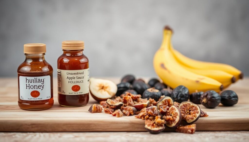 A well-lit, still life image showcasing an assortment of natural, dog-friendly sweetener alternatives. In the foreground, a selection of honey, molasses, and unsweetened apple sauce displayed on a wooden cutting board. In the middle ground, a scattering of crushed dates, figs, and ripe bananas. The background features a simple, neutral-colored backdrop, allowing the vibrant colors and textures of the foreground elements to take center stage. The lighting is soft and diffused, accentuating the natural sweetness and appeal of these wholesome ingredients. The overall mood is one of healthy indulgence, suitable for a dog-centric article on safe sugar alternatives.