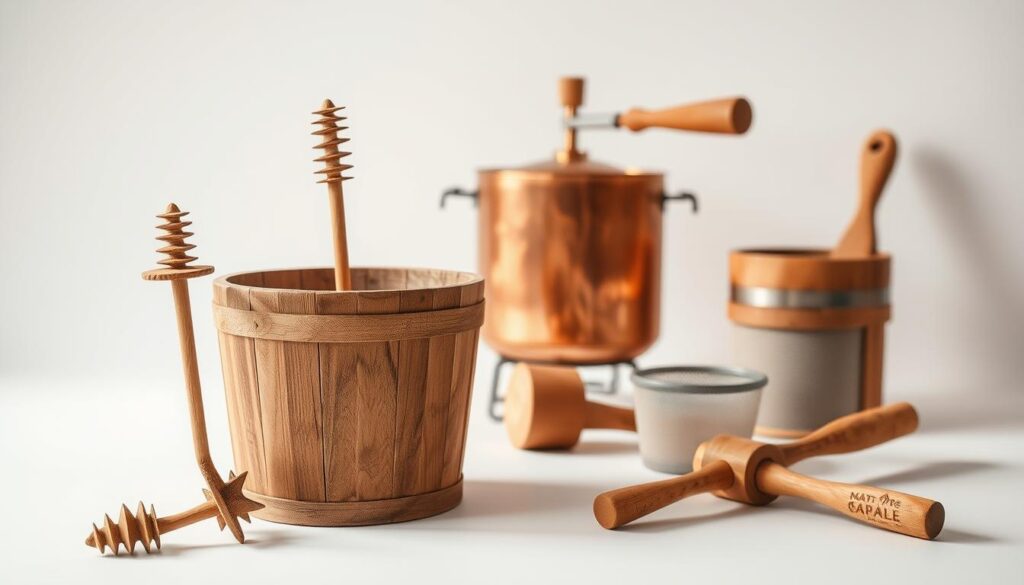 A well-lit studio scene showcasing a collection of sustainable maple production tools. In the foreground, a rustic wooden bucket and handcrafted spile for tapping maple trees. In the middle ground, a traditional maple sap evaporator made of copper and steel, steam rising gently. In the background, a wooden mallet and a set of specialized maple syrup filters. Warm, earthy tones evoke the natural, eco-friendly essence of maple syrup production. Soft shadows and directional lighting highlight the intricate textures and craftsmanship of the tools. An atmosphere of artisanal, environmentally-conscious maple harvesting.