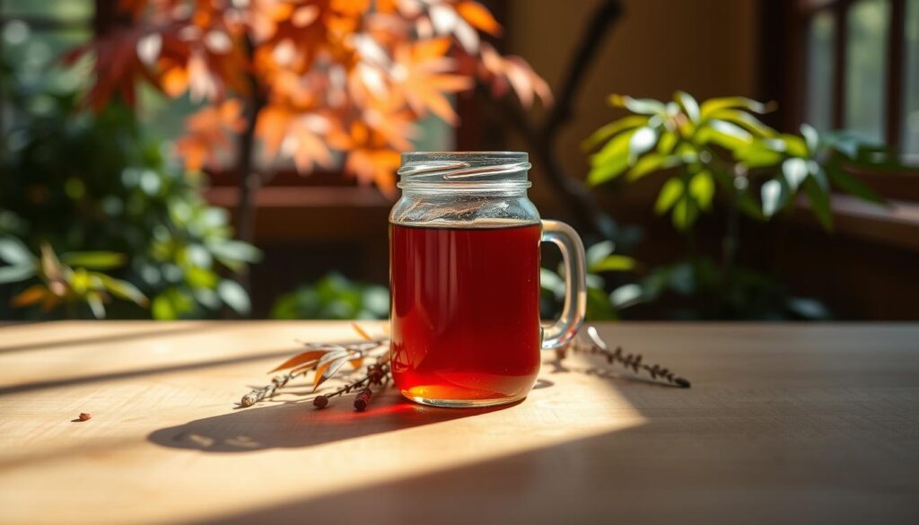 A well-lit wooden table, the surface adorned with a glass jar of rich, amber-colored Japanese maple syrup. The jar is nestled amidst a backdrop of lush greenery, with a Japanese maple tree visible through a window, its delicate leaves casting soft shadows. The overall atmosphere conveys a sense of tranquility and attention to detail, inviting the viewer to appreciate the care and craftsmanship required to store and preserve this artisanal delicacy. The lighting is soft and natural, creating a warm, inviting ambiance that complements the delicate flavors of the maple syrup. The composition emphasizes the simplicity and elegance of the presentation, showcasing the syrup as the star of the scene.