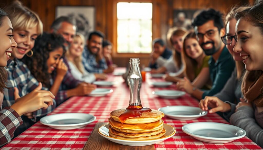 A wide, wooden table with a vibrant red and white checkered tablecloth. In the center, a glass bottle filled with thick, amber-colored spicy maple syrup, accompanied by a small stack of golden-brown pancakes. Soft, natural lighting filters in from a nearby window, casting a warm glow across the scene. Surrounding the table, a diverse group of people - young and old, from various backgrounds - eagerly awaiting to drizzle the enticing syrup over their plates, expressions of delight and anticipation on their faces. The atmosphere is one of inclusive community, where the shared enjoyment of this unique, flavorful condiment brings everyone together.
