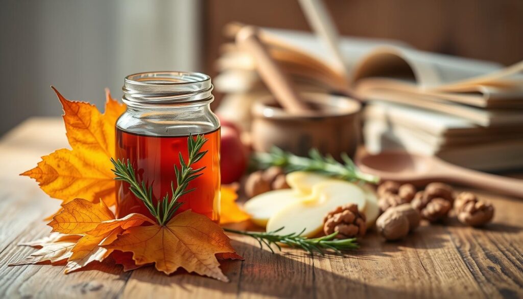 Detailed close-up of a wooden table top, showcasing an arrangement of various maple syrup-infused ingredients and health-focused elements. In the foreground, a stack of maple leaves, a glass jar filled with pure maple syrup, and a sprig of fresh rosemary. The middle ground features sliced apples, walnuts, and a wooden spoon. In the background, a soft-focus blur reveals a mortar and pestle, and a stack of open books. The lighting is warm and natural, with gentle shadows casting a cozy, inviting atmosphere. The overall scene emphasizes the nutritional benefits and versatility of using maple syrup in healthy recipes. Detailed close-up of a wooden table top, showcasing an arrangement of various maple syrup-infused ingredients and health-focused elements. In the foreground, a stack of maple leaves, a glass jar filled with pure maple syrup, and a sprig of fresh rosemary. The middle ground features sliced apples, walnuts, and a wooden spoon. In the background, a soft-focus blur reveals a mortar and pestle, and a stack of open books. The lighting is warm and natural, with gentle shadows casting a cozy, inviting atmosphere. The overall scene emphasizes the nutritional benefits and versatility of using maple syrup in healthy recipes.