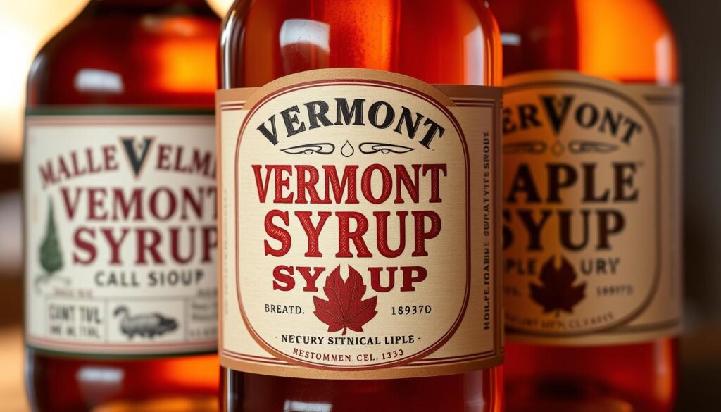 Detailed, high-quality image of three Vermont maple syrup labels, showcasing local craftsmanship and traditions. Vibrant, close-up view of the labels, highlighting their intricate designs, natural textures, and authentic artisanal elements. Warm, golden-toned lighting accentuates the depth and richness of the maple syrup color. Soft, shallow depth of field blurs the background, drawing the viewer's focus to the exquisite label details. Lens angle slightly elevated to capture the labels from an eye-level perspective, conveying a sense of artisanal pride and care. The overall mood is one of rustic elegance, celebrating the unique heritage and quality of Vermont maple syrup.