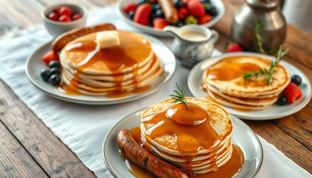 Elegant breakfast setting featuring a rustic wooden table with a crisp white tablecloth. In the foreground, a stack of fluffy pancakes drizzled with glistening maple syrup, accompanied by a platter of perfectly grilled maple syrup sausages. Surrounding the main dishes, an array of complementary items such as fresh berries, a small pitcher of cream, and a sprig of rosemary for garnish. Soft, natural lighting illuminates the scene, creating a cozy and inviting atmosphere. The composition is balanced, with the sausages and pancakes taking center stage, framed by the supporting elements. The overall impression is one of a delightful and indulgent maple syrup-infused breakfast.