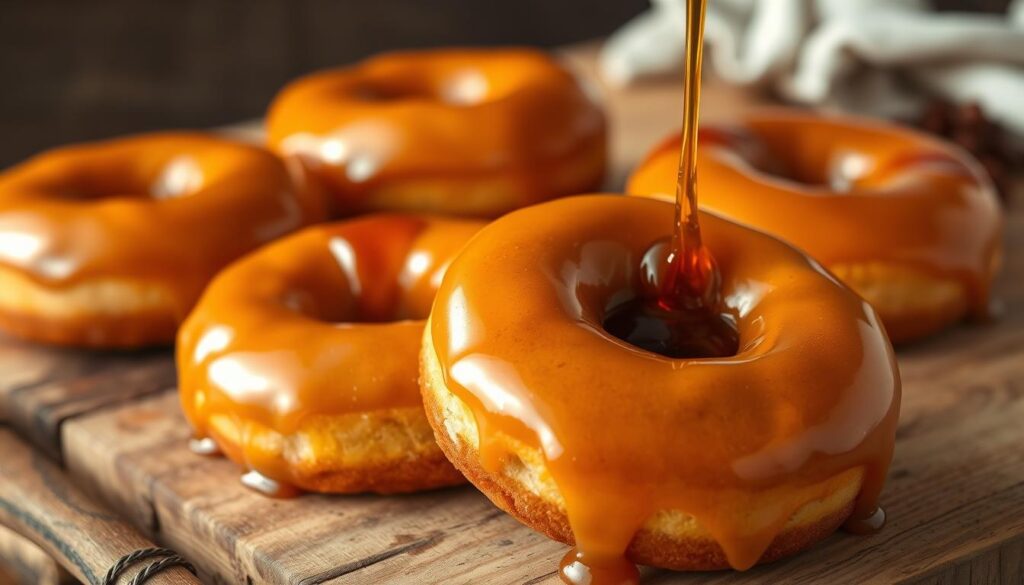 Freshly baked, golden-brown maple glazed donuts, their shiny glaze glistening under warm studio lighting. The donuts are arranged artfully on a rustic wood surface, with a drizzle of rich maple syrup cascading over the top. The scene is captured from a slightly elevated angle, showcasing the delicate texture of the donuts and the glossy, amber-hued glaze. The background is softly blurred, drawing the viewer's focus to the irresistible homemade treats. The overall mood is one of indulgence and comforting sweetness, reflecting the essence of the "Decadent Maple Glazed Donuts" section.