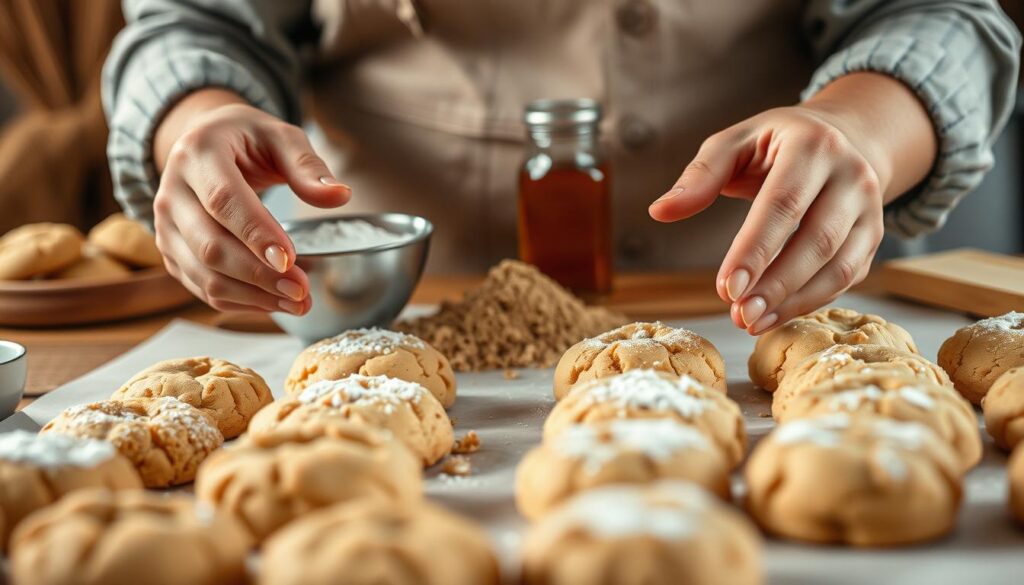 Maple Powder Baking Troubleshooting: A close-up view of a baker's hands examining a batch of maple-infused cookies, biscuits, or pastries. The foreground features an array of common baking issues like over-browning, crumbling, or uneven rises. The middle ground showcases a variety of maple powder and other ingredients used in the recipe. The background is softly blurred, evoking a warm, rustic kitchen setting with wooden surfaces and natural lighting. The overall mood is one of thoughtful problem-solving, with a focus on understanding and addressing the unique challenges of working with maple powder in baking. Maple Powder Baking Troubleshooting: A close-up view of a baker's hands examining a batch of maple-infused cookies, biscuits, or pastries. The foreground features an array of common baking issues like over-browning, crumbling, or uneven rises. The middle ground showcases a variety of maple powder and other ingredients used in the recipe. The background is softly blurred, evoking a warm, rustic kitchen setting with wooden surfaces and natural lighting. The overall mood is one of thoughtful problem-solving, with a focus on understanding and addressing the unique challenges of working with maple powder in baking.